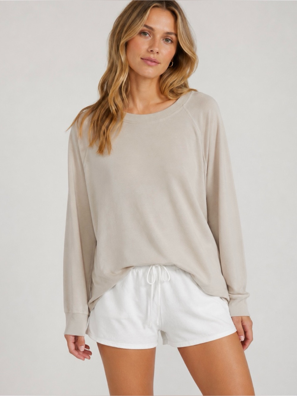LAKE Lounge Long Sleeve Pullover Crew in Beige